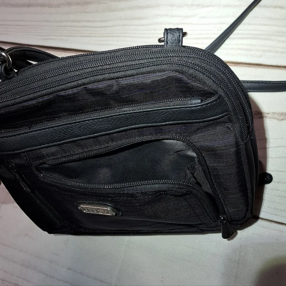 Multisac Black And Blue Pin Stripe Crossbody Purse Lots Of Pockets